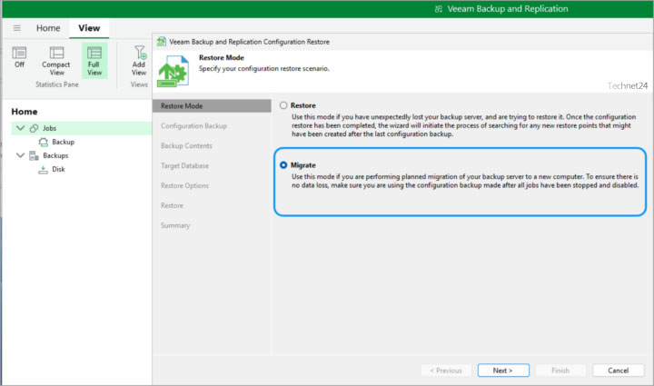 Veeam Backup and Replication Configuration Restore wizard with Migrate mode selected for platform migration