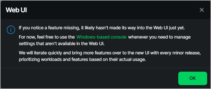Veeam Web UI notice directing users to the Windows-based console for settings not yet available in the new Web UI